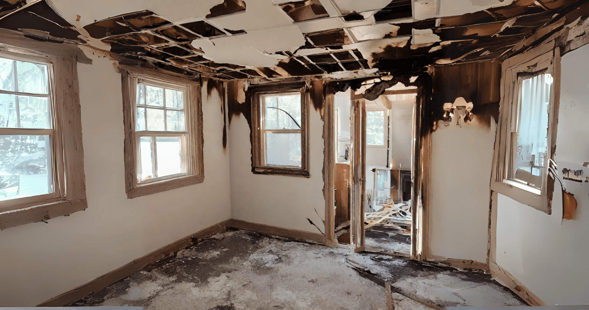 Charred interior of a Knoxville commercial space after a fire