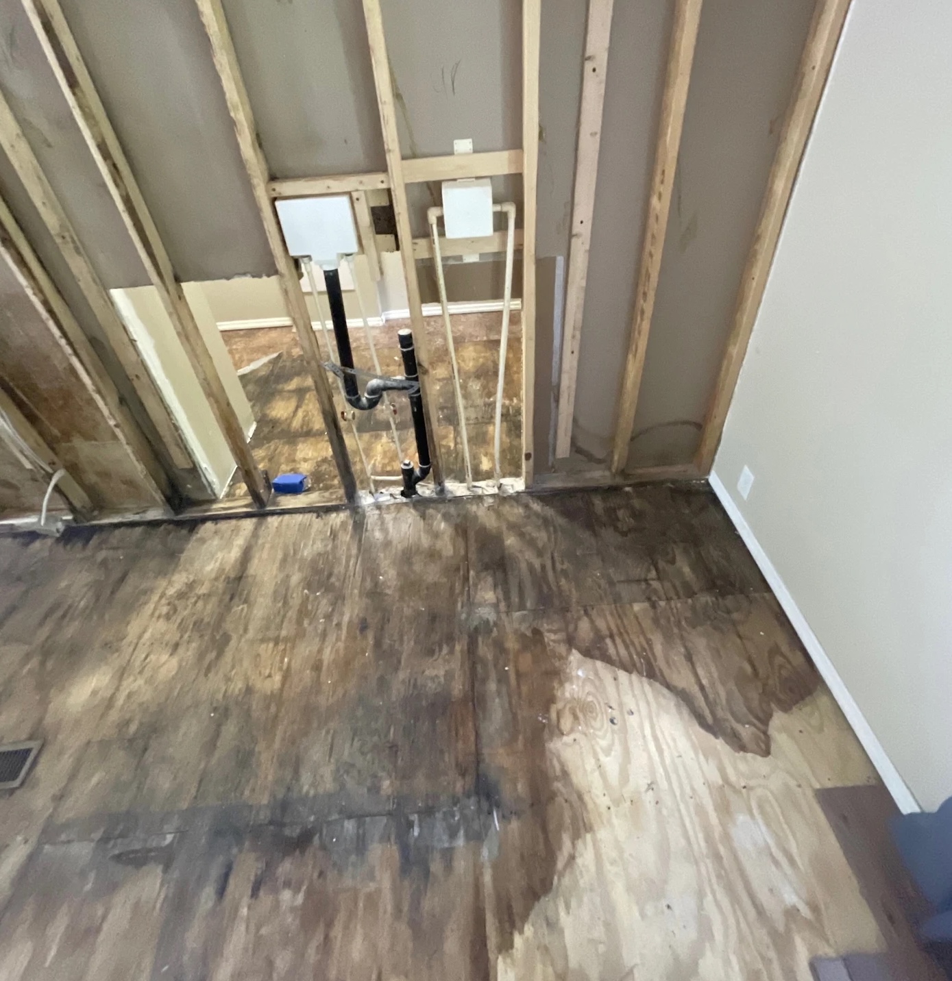 Exposed subfloor and wall studs after water damage extraction in Knoxville