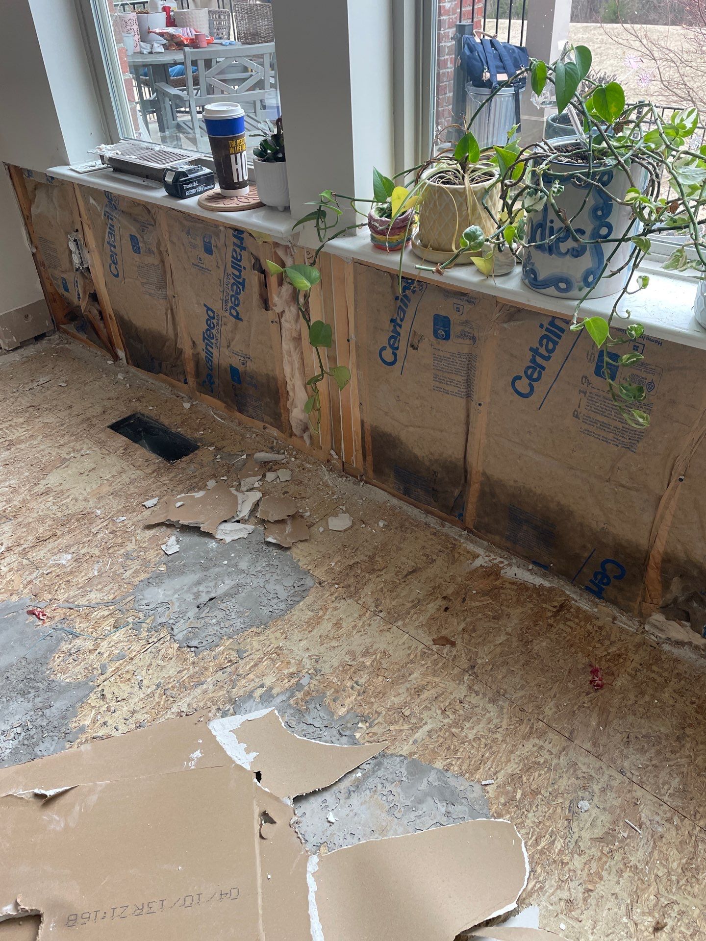 Damaged wall insulation and subfloor after storm damage in Knoxville